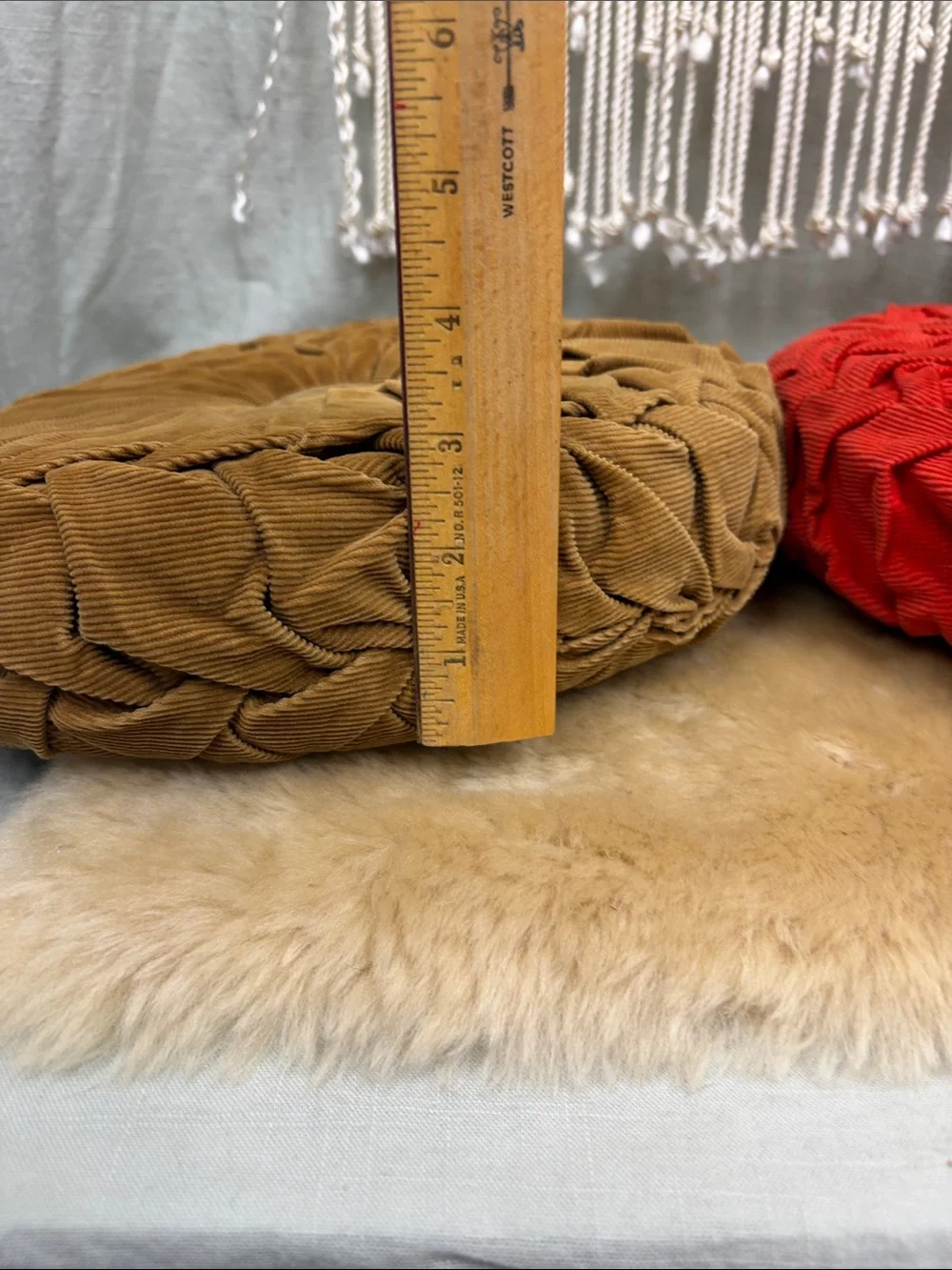 Vintage Round Pleated Corduroy Handmade Pillows - set of two | Tan & Orange
